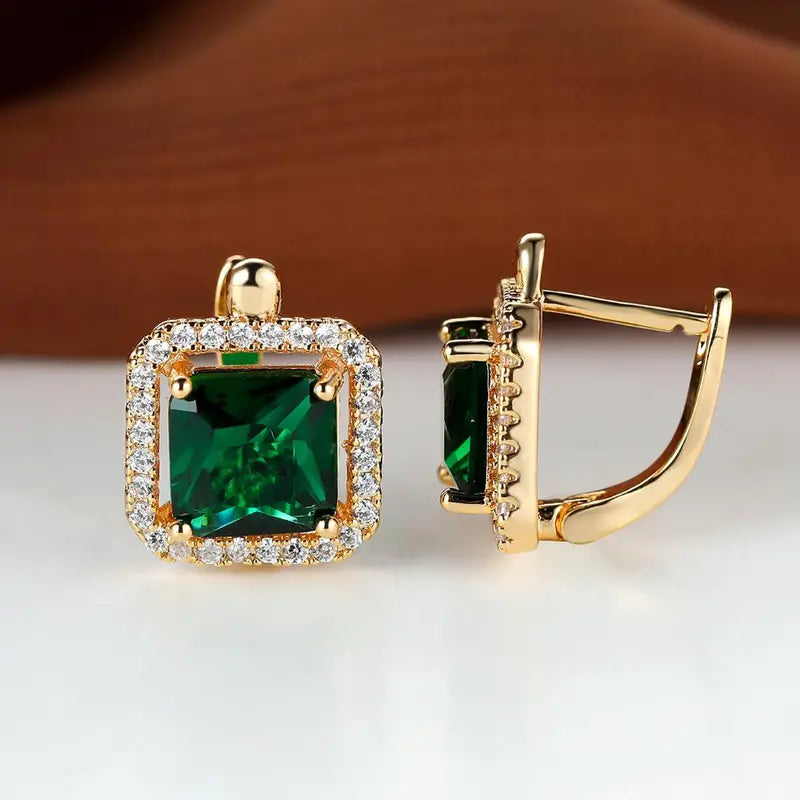 Gouden groene vierkante oorbellen met zirkonia en goudkleurige accenten