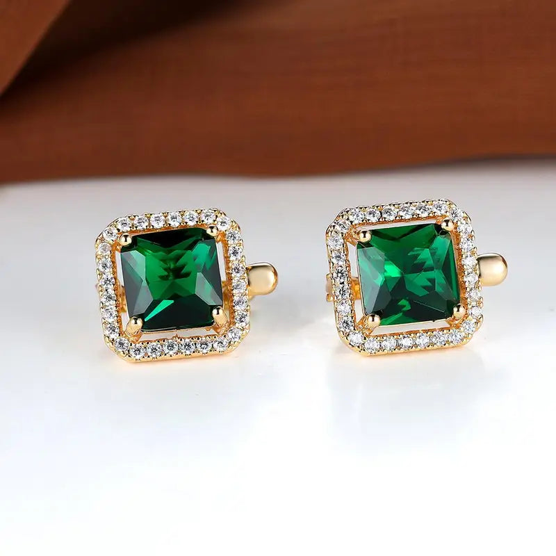Gouden groene vierkante oorbellen met zirkonia en goudkleurige accenten