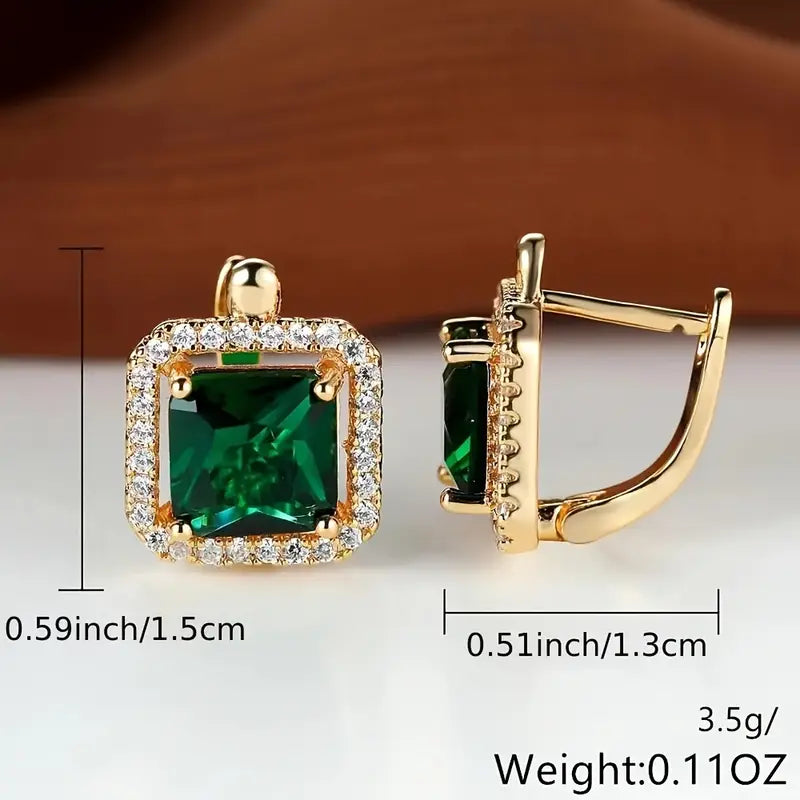 Gouden groene vierkante oorbellen met zirkonia en goudkleurige accenten