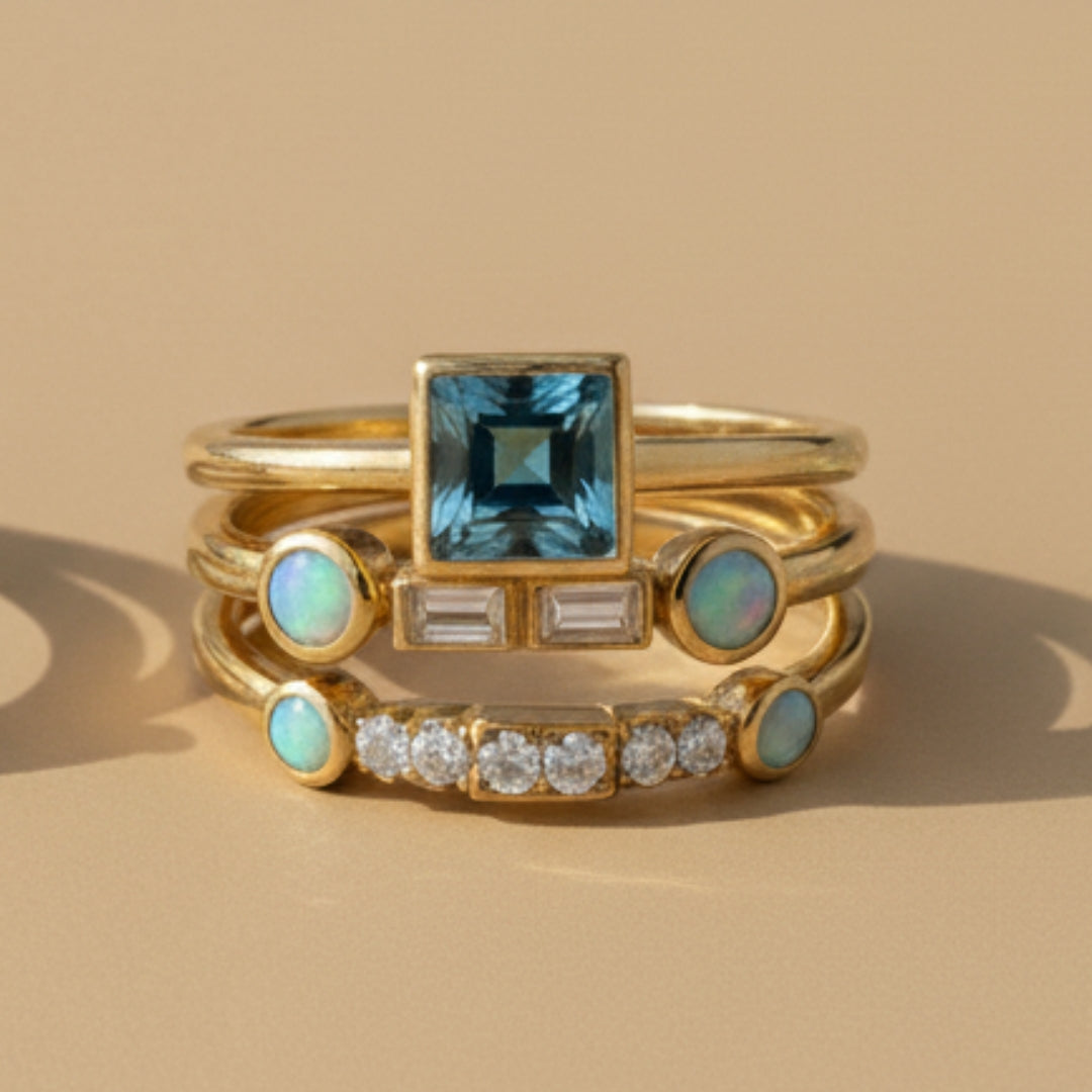 Vintage ringenset met blauwe kristallen