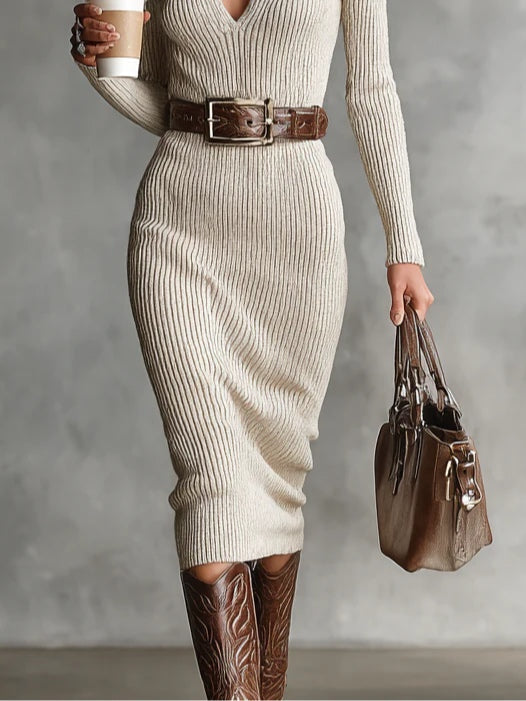 Beige Geribbelde Midi Jurk met Ritskraag