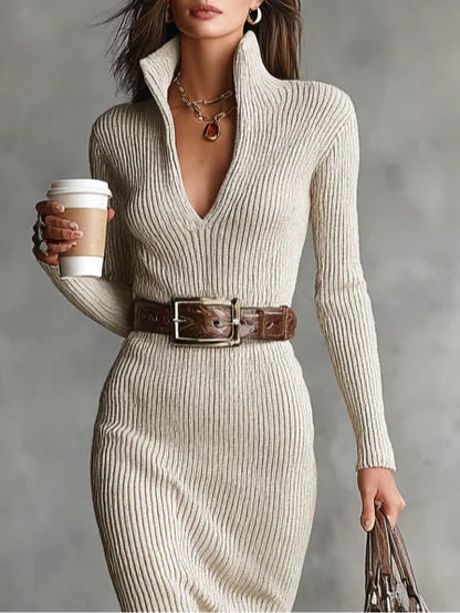 Beige Geribbelde Midi Jurk met Ritskraag