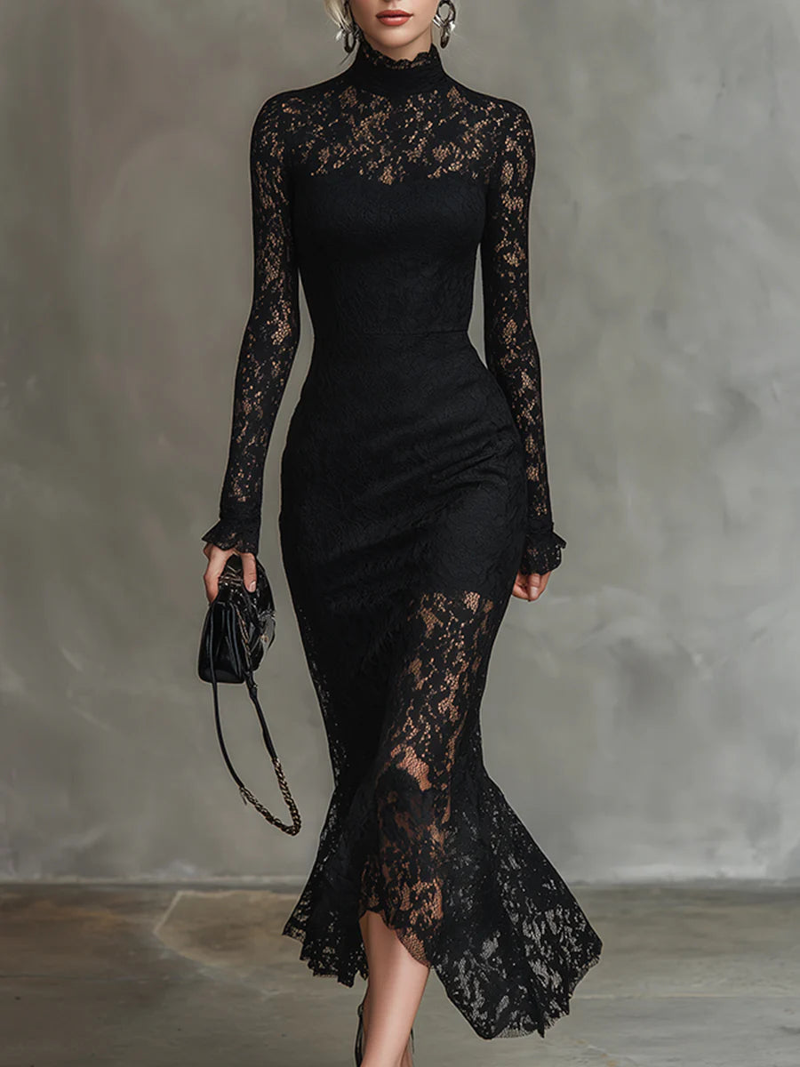 Zwarte Maxi Jurk met Transparante Detailafwerking