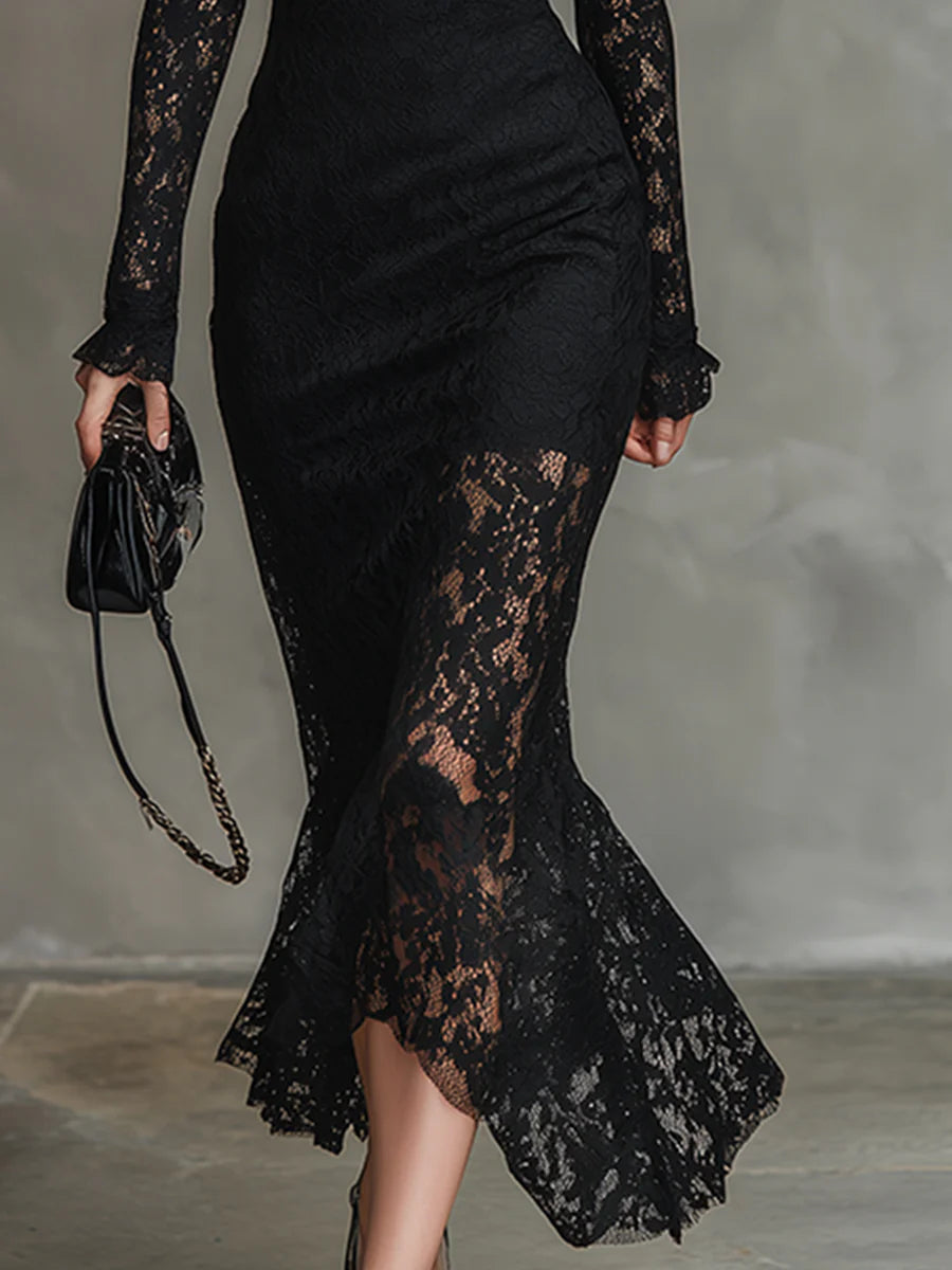 Zwarte Maxi Jurk met Transparante Detailafwerking