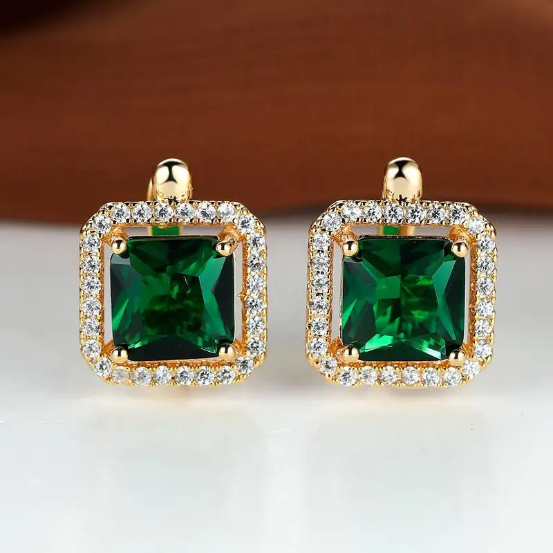 Gouden groene vierkante oorbellen met zirkonia en goudkleurige accenten