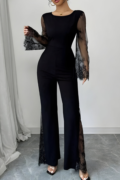 Zwarte Jumpsuit met Transparante Mouwen