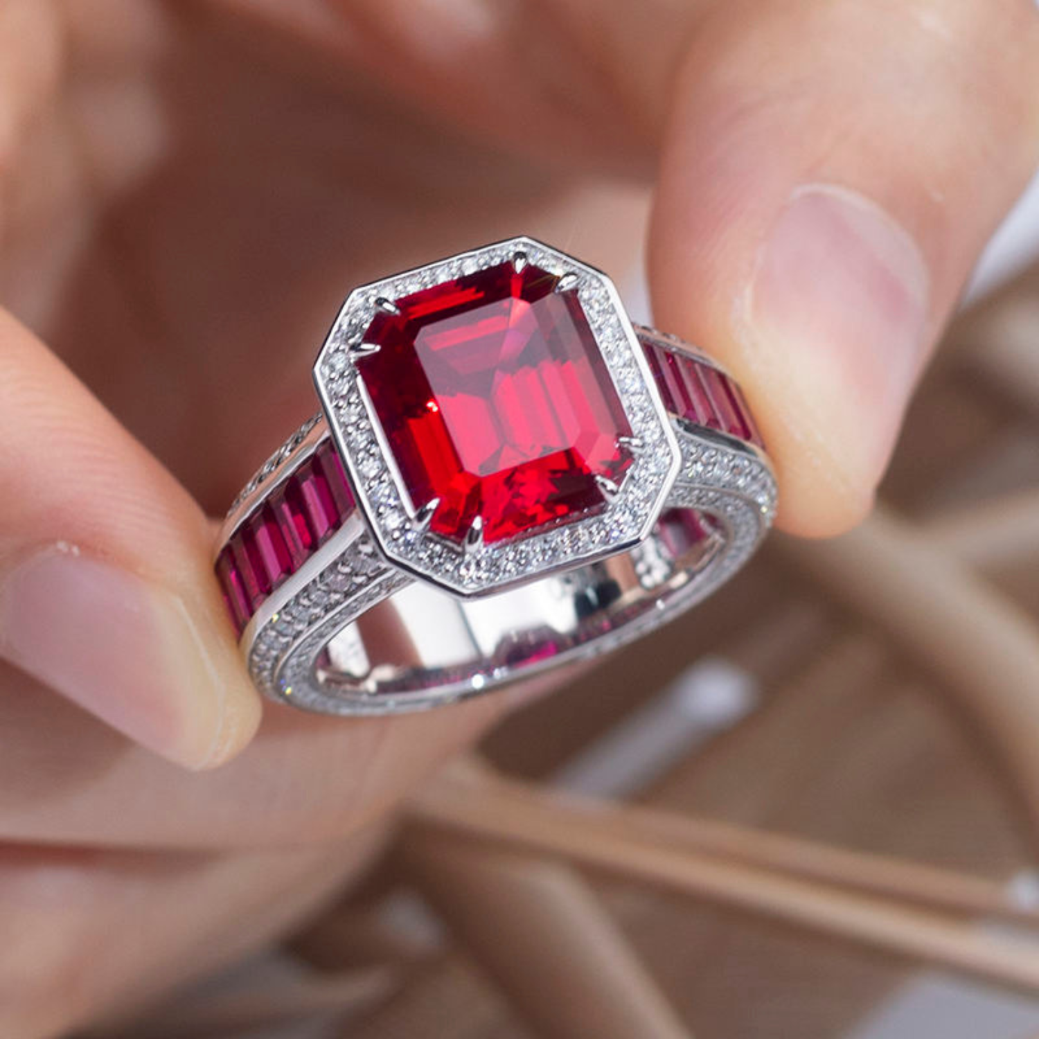 Luxe ring met in het laboratorium gekweekte robijn.