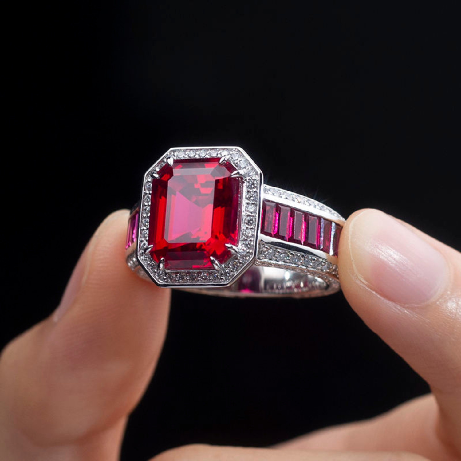 Luxe ring met in het laboratorium gekweekte robijn.