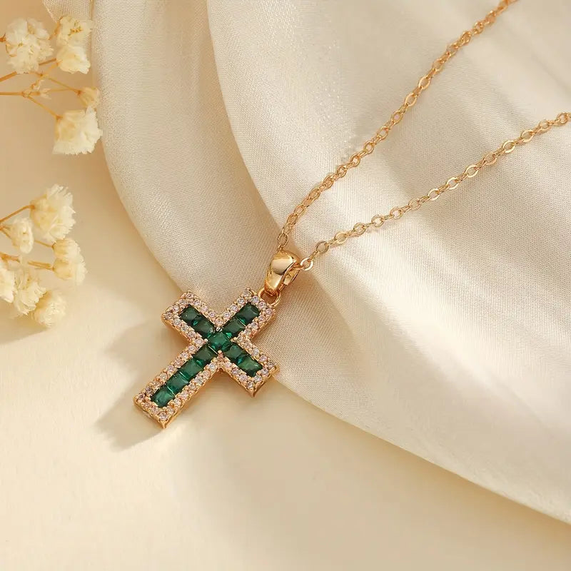 Solene smaragdgroene kruishanger gouden ketting