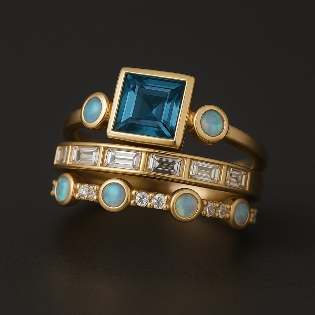 Vintage ringenset met blauwe kristallen